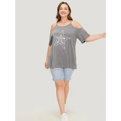 Bloomchic Star Leopard Cold Shoulder Heather T-shirt In Blue