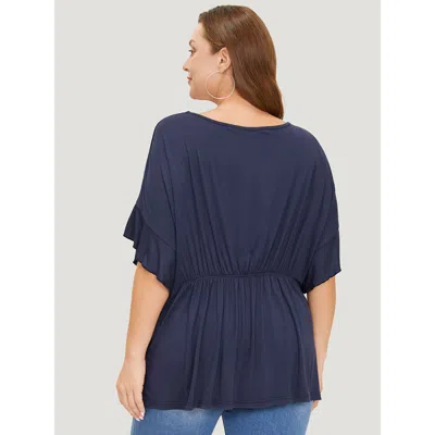 Bloomchic Plain Gathered Batwing Sleeve Ruffle T-shirt In Blue