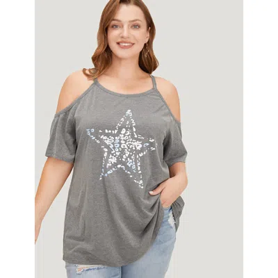 Bloomchic Star Leopard Cold Shoulder Heather T-shirt In Blue