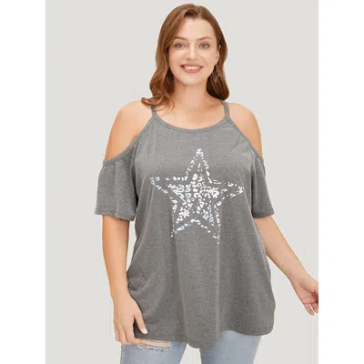 Bloomchic Star Leopard Cold Shoulder Heather T-shirt In Blue