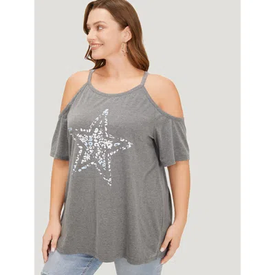Bloomchic Star Leopard Cold Shoulder Heather T-shirt In Blue