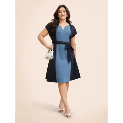 Bloomchic Notched Contrast Patchwork Belted Dress In Multi