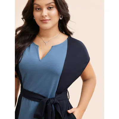 Bloomchic Notched Contrast Patchwork Belted Dress In Multi
