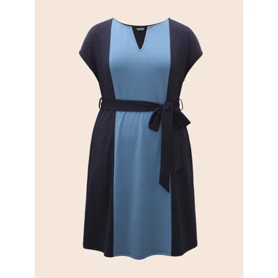 Bloomchic Notched Contrast Patchwork Belted Dress In Multi