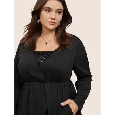 Bloomchic Plain Sequin Patchwork Elastic Waist Dress In Black