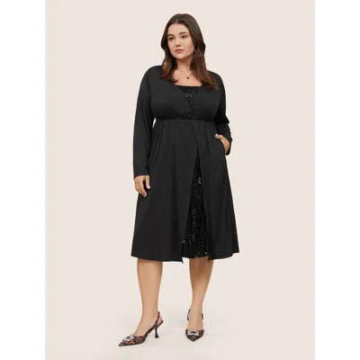 Bloomchic Plain Sequin Patchwork Elastic Waist Dress In Black