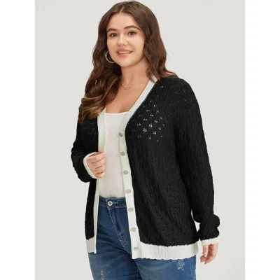 Bloomchic Two Tone Patchwork Cut Out Button Down Cardigan In Black