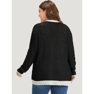 Bloomchic Two Tone Patchwork Cut Out Button Down Cardigan In Black