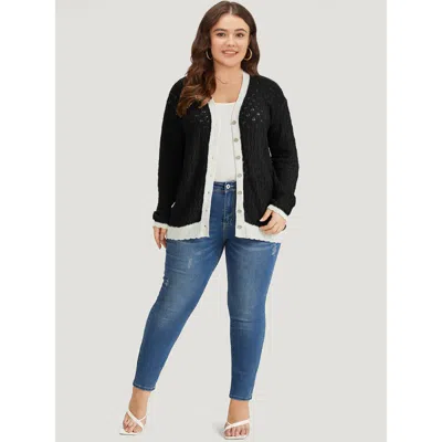 Bloomchic Two Tone Patchwork Cut Out Button Down Cardigan In Black