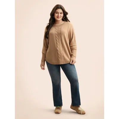 Bloomchic Plain Dolman Sleeve Arc Hem Pullover In Brown