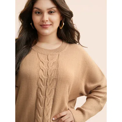 Bloomchic Plain Dolman Sleeve Arc Hem Pullover In Brown
