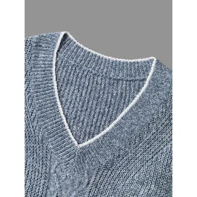 Bloomchic Plain Textured Contrast Trim Cable Knit Pullover In Blue