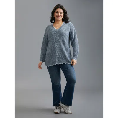 Bloomchic Plain Textured Contrast Trim Cable Knit Pullover In Blue
