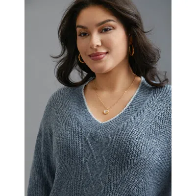 Bloomchic Plain Textured Contrast Trim Cable Knit Pullover In Blue
