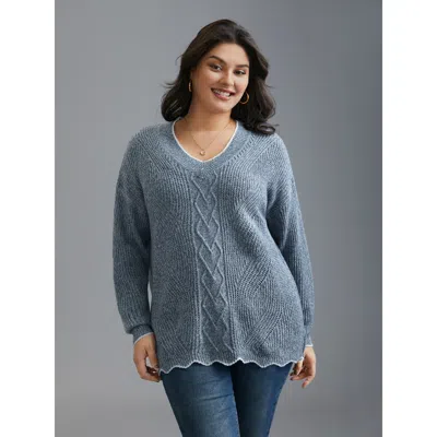 Bloomchic Plain Textured Contrast Trim Cable Knit Pullover In Blue