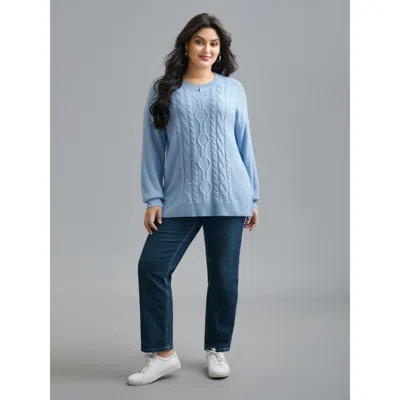 Bloomchic Solid Round Neck Plisse Cable Knit Pullover In Blue