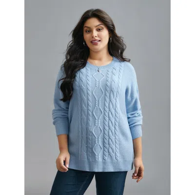 Bloomchic Solid Round Neck Plisse Cable Knit Pullover In Blue