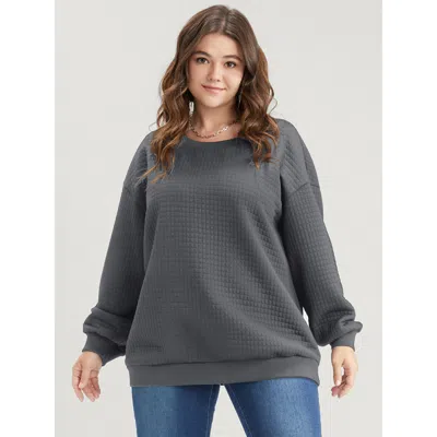 Bloomchic Solid Textured Drop Shoulder Sweatshirt In Gray