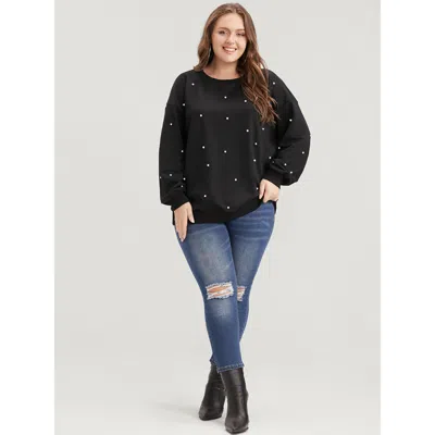 Bloomchic Solid Pearl Beaded Drop Shoulder Sweatshirt In Black