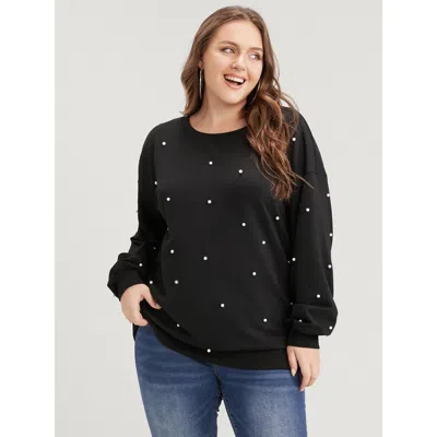 Bloomchic Solid Pearl Beaded Drop Shoulder Sweatshirt In Black