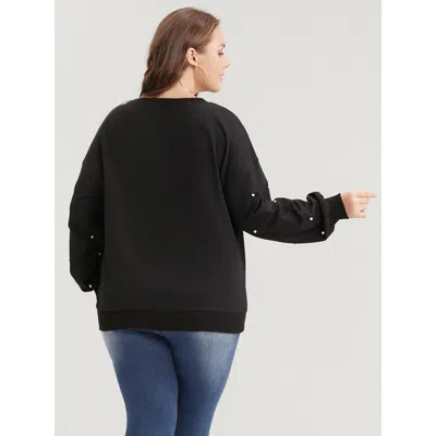 Bloomchic Solid Pearl Beaded Drop Shoulder Sweatshirt In Black