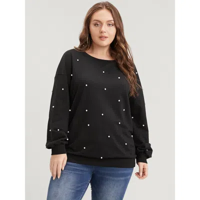 Bloomchic Solid Pearl Beaded Drop Shoulder Sweatshirt In Black