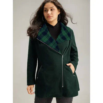 Bloomchic Plaid Patchwork Lapel Collar Zipper Coat In Green