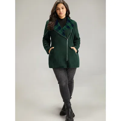 Bloomchic Plaid Patchwork Lapel Collar Zipper Coat In Green