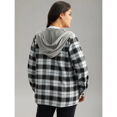 Bloomchic Plaid Patchwork Hooded Drawstring Button Through Jacket In Black