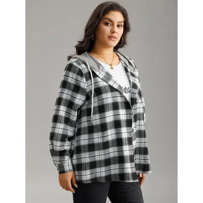 Bloomchic Plaid Patchwork Hooded Drawstring Button Through Jacket In Black