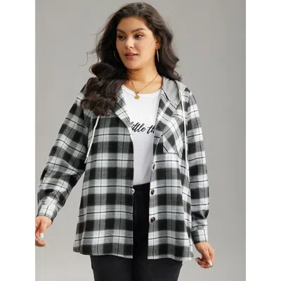 Bloomchic Plaid Patchwork Hooded Drawstring Button Through Jacket In Black