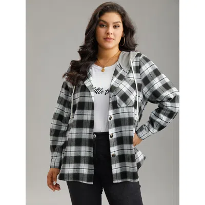 Bloomchic Plaid Patchwork Hooded Drawstring Button Through Jacket In Black