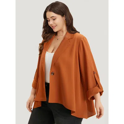 Bloomchic Plain Button Up Tab Sleeve High Low Hem Jacket In Brown