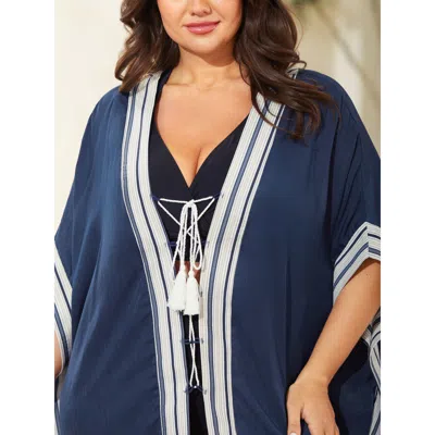 Bloomchic Striped Hem Tassel Solid Kimono In Blue