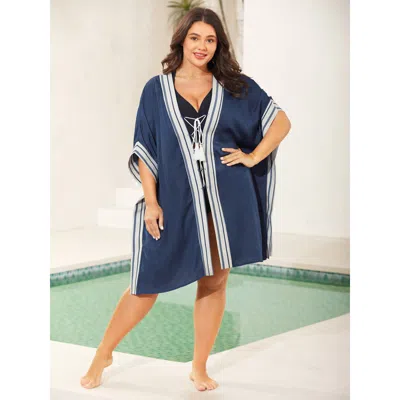 Bloomchic Striped Hem Tassel Solid Kimono In Blue