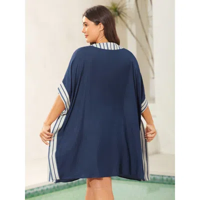 Bloomchic Striped Hem Tassel Solid Kimono In Blue
