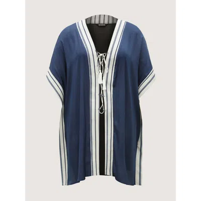 Bloomchic Striped Hem Tassel Solid Kimono In Blue