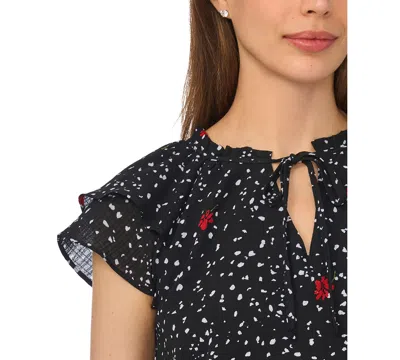 Cece Floral Dot Flutter Sleeve Split Neck Top In Black