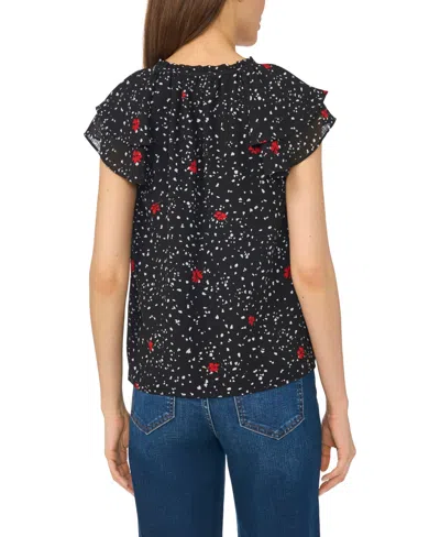 Cece Floral Dot Flutter Sleeve Split Neck Top In Black