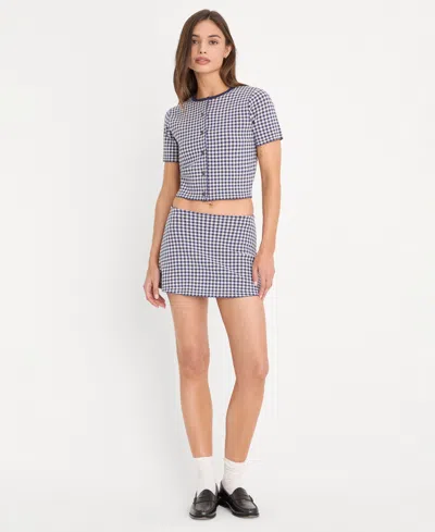Good American Fine Knit Round Neck Short Sleeve Button Up Top In Blue