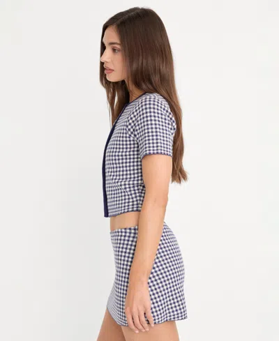 Good American Fine Knit Round Neck Short Sleeve Button Up Top In Blue