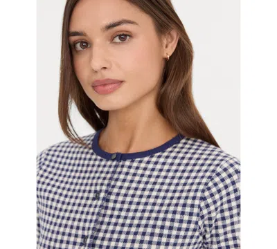 Good American Fine Knit Round Neck Short Sleeve Button Up Top In Blue