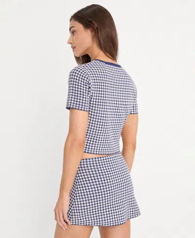 Good American Fine Knit Round Neck Short Sleeve Button Up Top In Blue