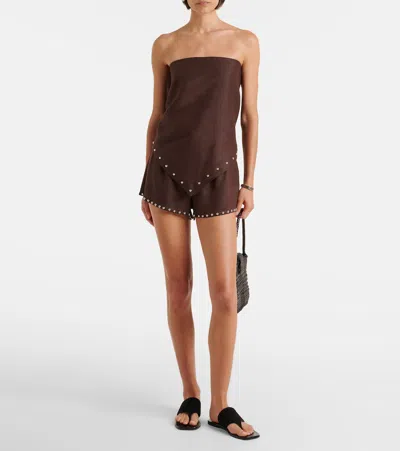 Staud Samara Embellished Linen Top In Brown