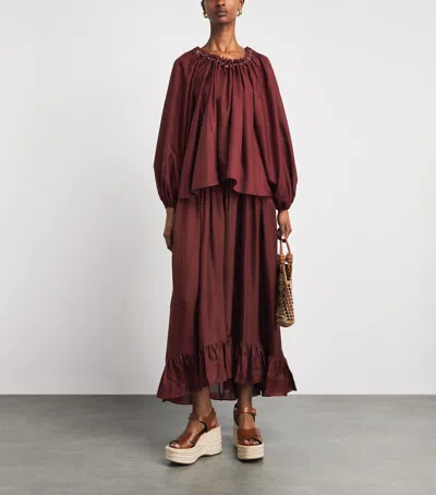 Zimmermann Blouse Aster With Ruffles And Beads In Burgundy