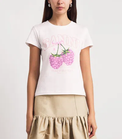 Ganni Baby Fit Raspberry T-shirt In Bright White