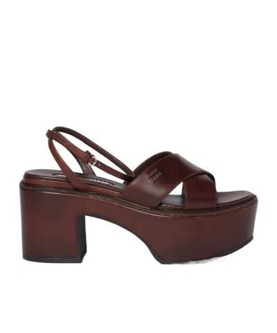 Miu Miu Leather Platform Sandals With 3.5 Cm Plateau And 7.5 Cm Heel In Brown