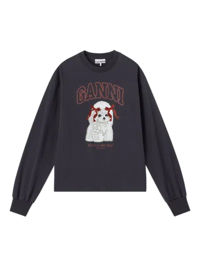 Ganni Organic Cotton Crew Neck Graphic Sweater In Grey