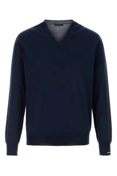 Prada Blue V Neck Sweaters In Blue