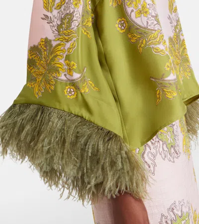 La Doublej Make An Exit Feather-trimmed Silk Twill Top In Multi